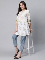 Ahalyaa Women Off White Pure Cotton Floral Printed Tunic - Distacart