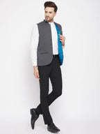 Even Apparels Men's Grey Merino Nehru Jacket-Contrast Lining-Free Pocket Square - Distacart