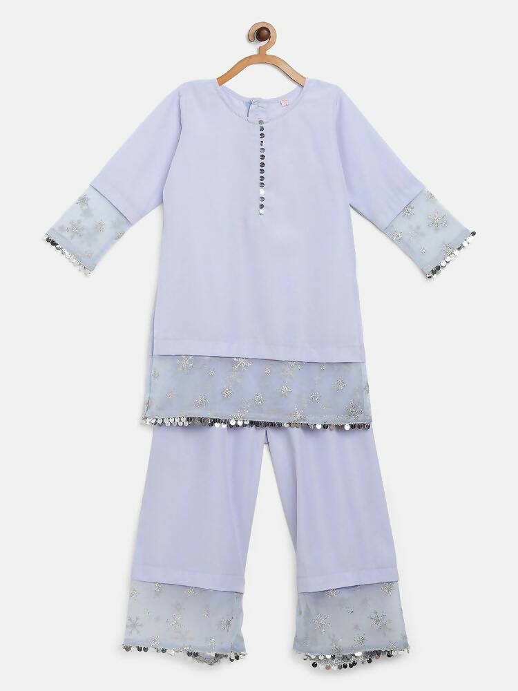 Ahalyaa Blue Crepe Silver Glitter Print Kids Kurta Palazzo Set With Dupatta For Girls