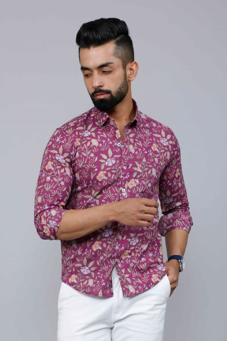 Miravan Men's Purple Comfort Foral Printed Casual Cotton Shirt