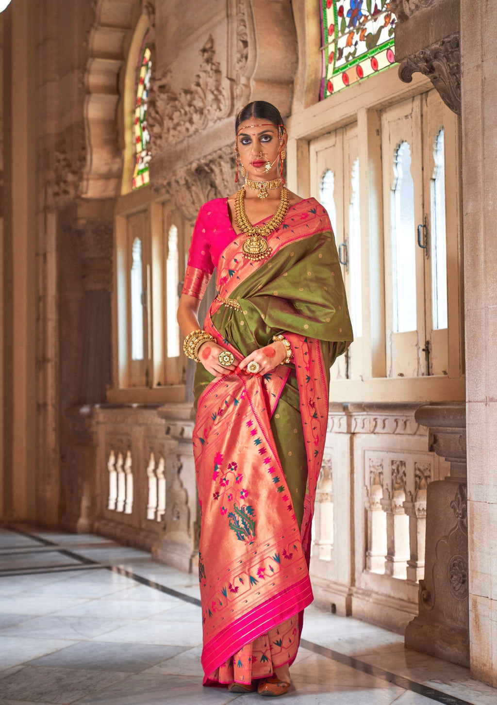Peridot Green Soft V.P. Silk Magnum Finish, Weaving, Golden Zari Paithani Silk Saree - Rath Kadampalli