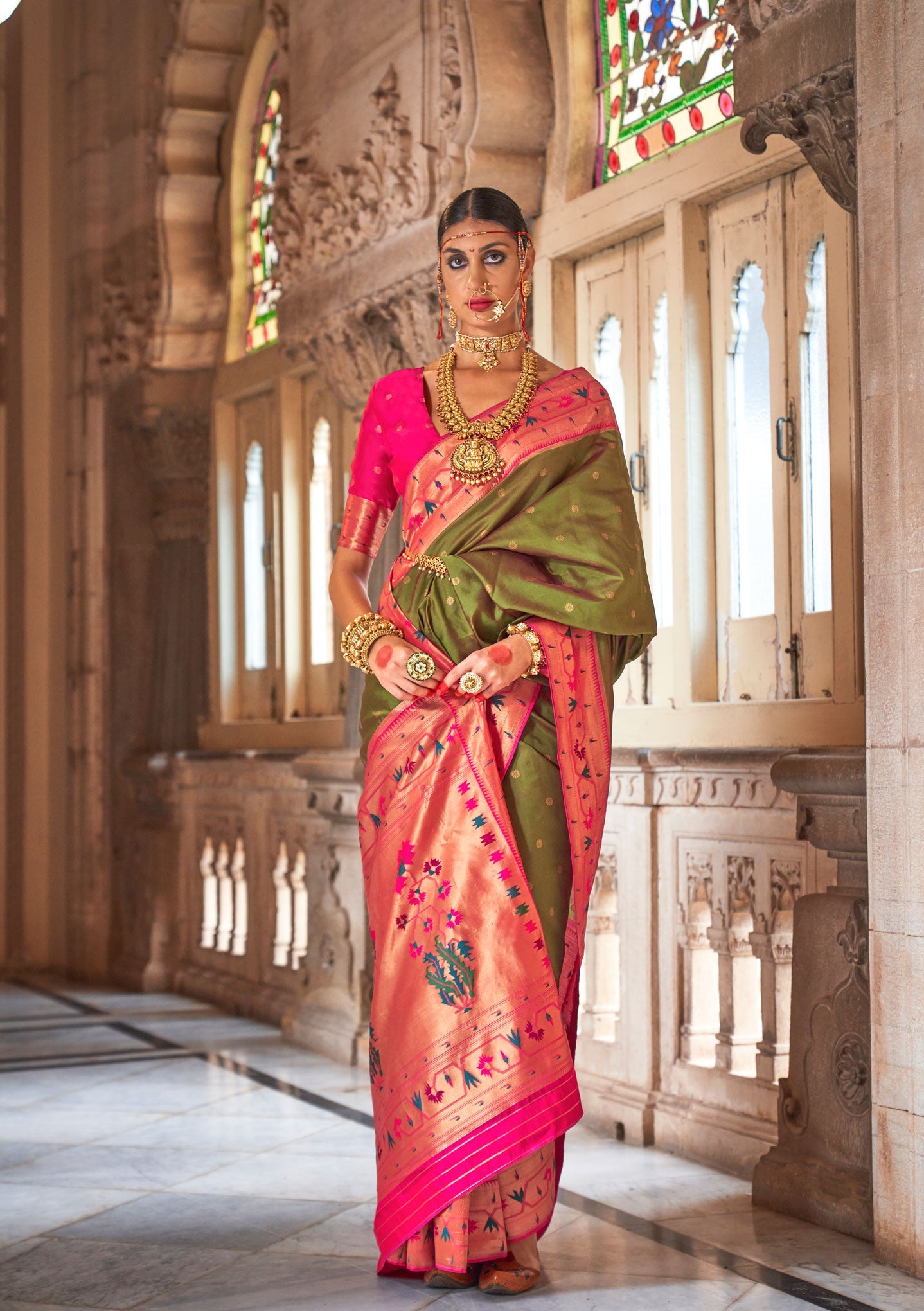 Peridot Green Soft V.P. Silk Magnum Finish, Weaving, Golden Zari Paithani Silk Saree - Rath Kadampalli