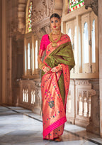 Peridot Green Soft V.P. Silk Magnum Finish, Weaving, Golden Zari Paithani Silk Saree - Rath Kadampalli