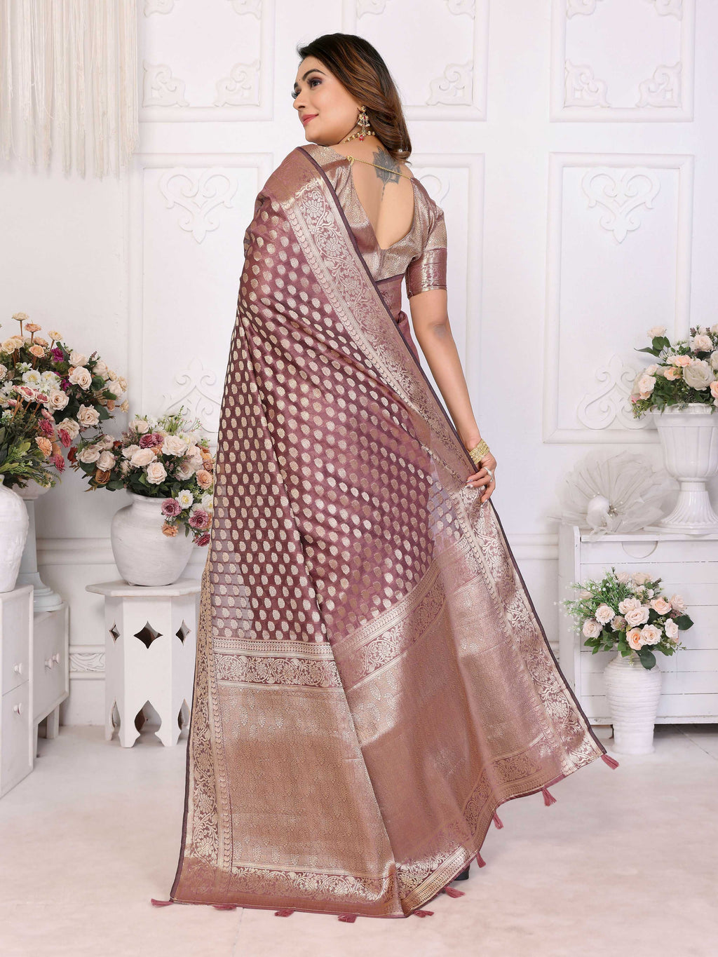 Aastha Fashion Dusty Rose Organza Silk Weaving Saree - Distacart