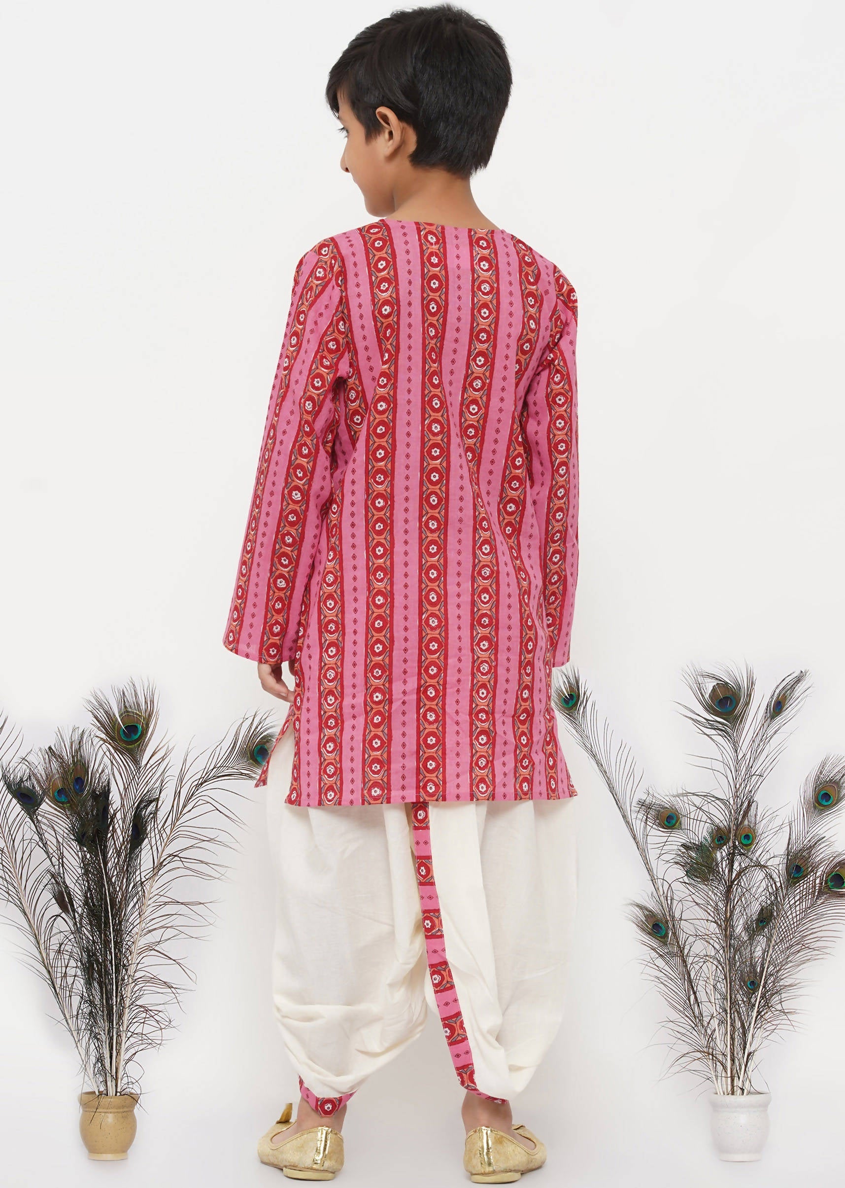 Little Bansi Boys Cotton Striped Kurta with Pearl Buttons & Dhoti -Pink & Cream