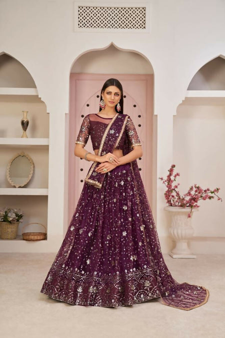 Aastha Fashion Wine Butterfly Net All Over Thread Work, Zari Work And Sandwich Sequence Work Embroidery Wedding Wear Lehenga Choli