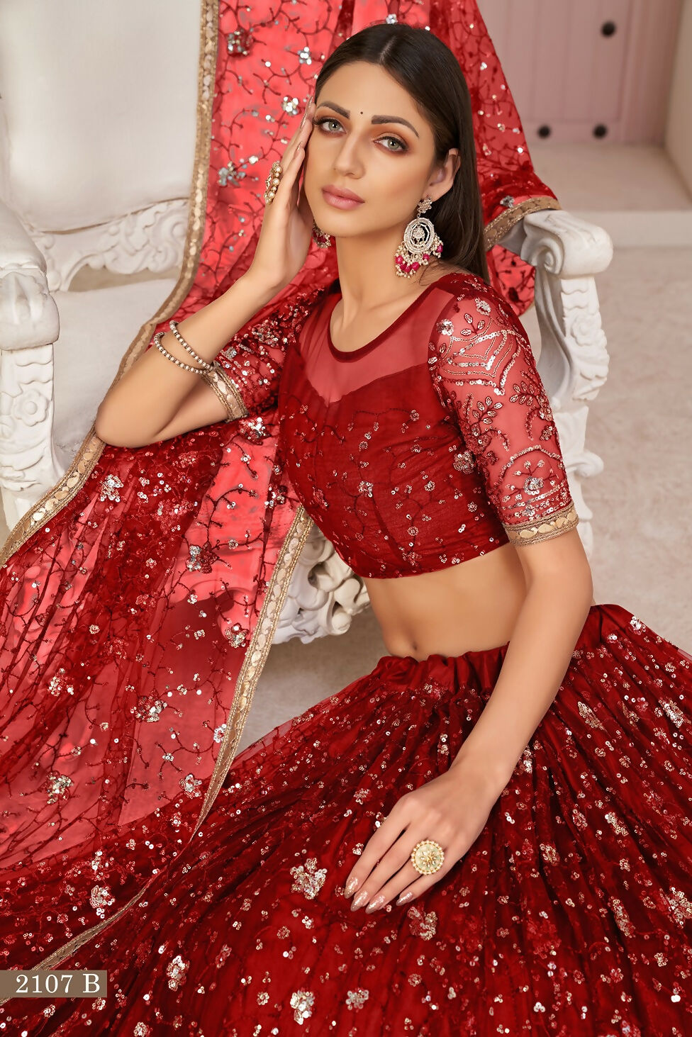 Eilara Women'S Red Butterfly Net Thread With Zari Sandwich Sequence Embroidered Work Lehenga Choli For Wedding
