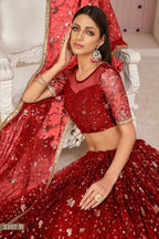 Eilara Women'S Red Butterfly Net Thread With Zari Sandwich Sequence Embroidered Work Lehenga Choli For Wedding