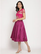 Ahalyaa Women's Pink Poly Silk Gold Foil Print Top With Skirt