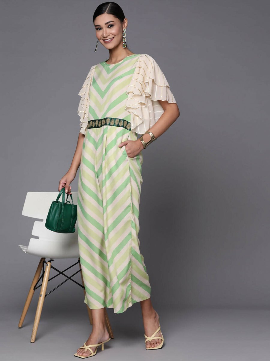Ahalyaa Off White & Green Zig Zag Print Basic Jumpsuit - Distacart