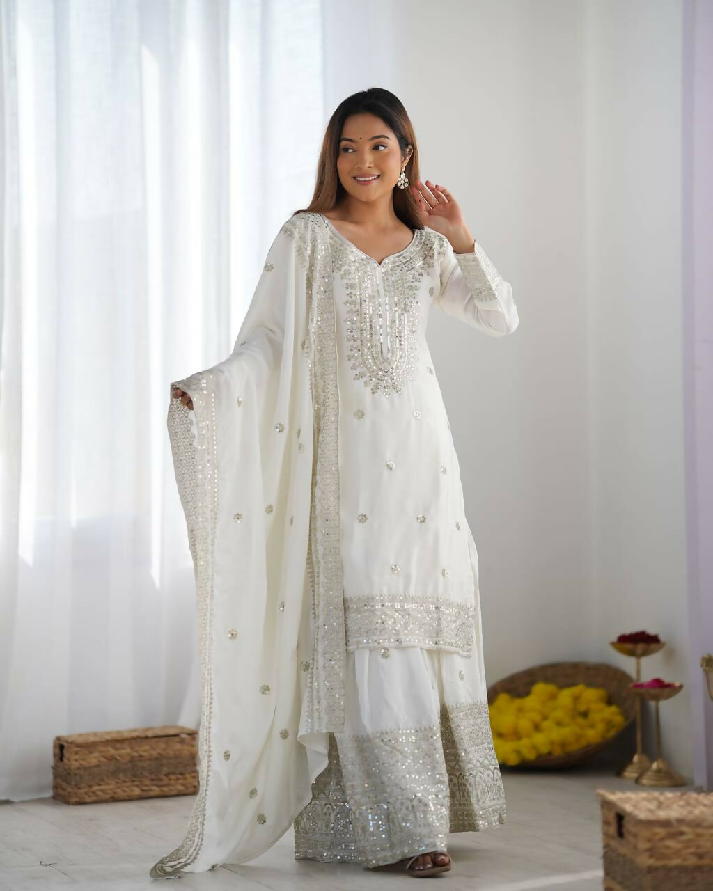 Joban Fashion White Kurta Set Silk Sequins , Zari, Coding & Thread Embroidered work - Distacart