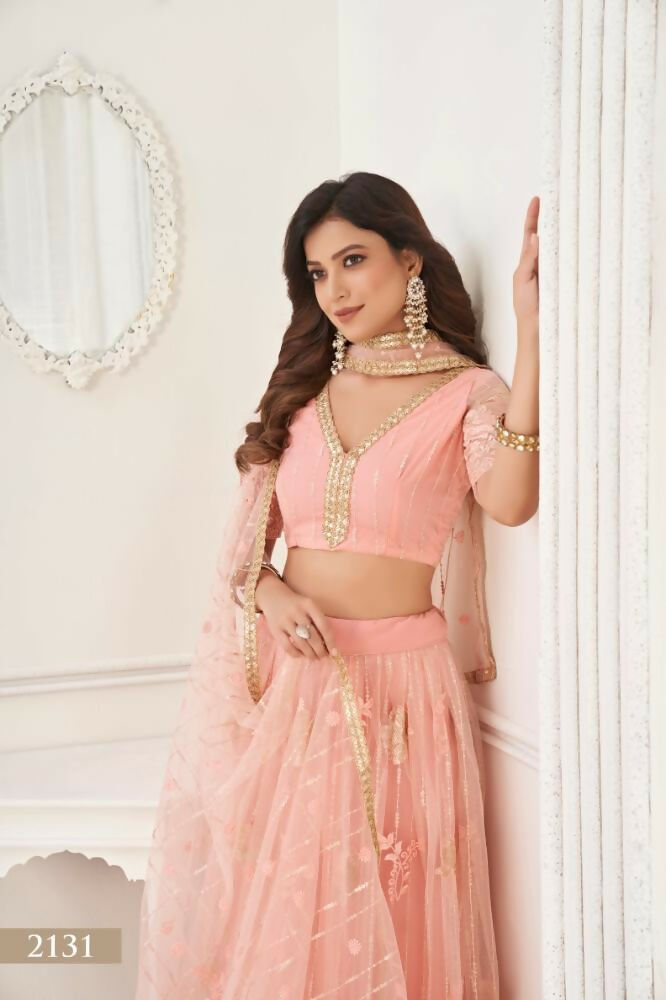 Aastha Fashion Peach Butterfly Net Tone To Tone Thread Work And Sequence Work Embroidery Wedding Wear Lehenga Choli