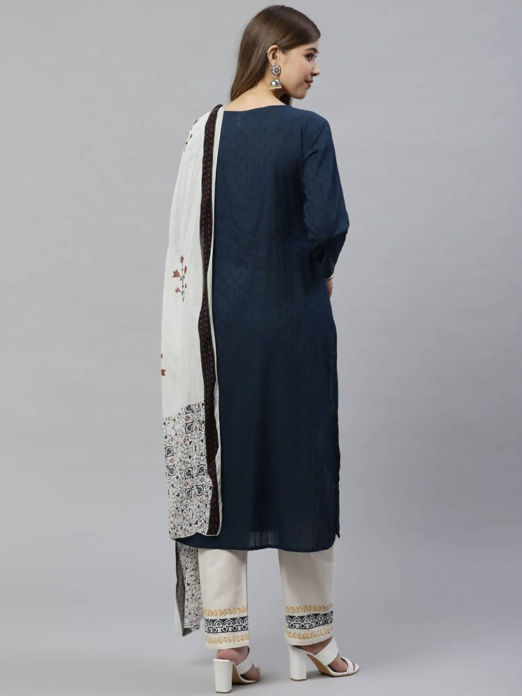Yufta Women Navy Blue & Off-White Dobby Weaved Kurta with Trouser & Dupatta