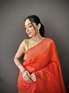Joban Fashion Orange Jacquard Butti Soft Lichi Silk Paithani Saree - Distacart