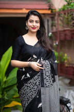 Black Silk Blend Ethnic Motifs Saree with Unstitched Blouse - A2M