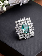 NVR Women's Green & Silver CZ-Studded Square-Shaped Adjustable Finger Ring