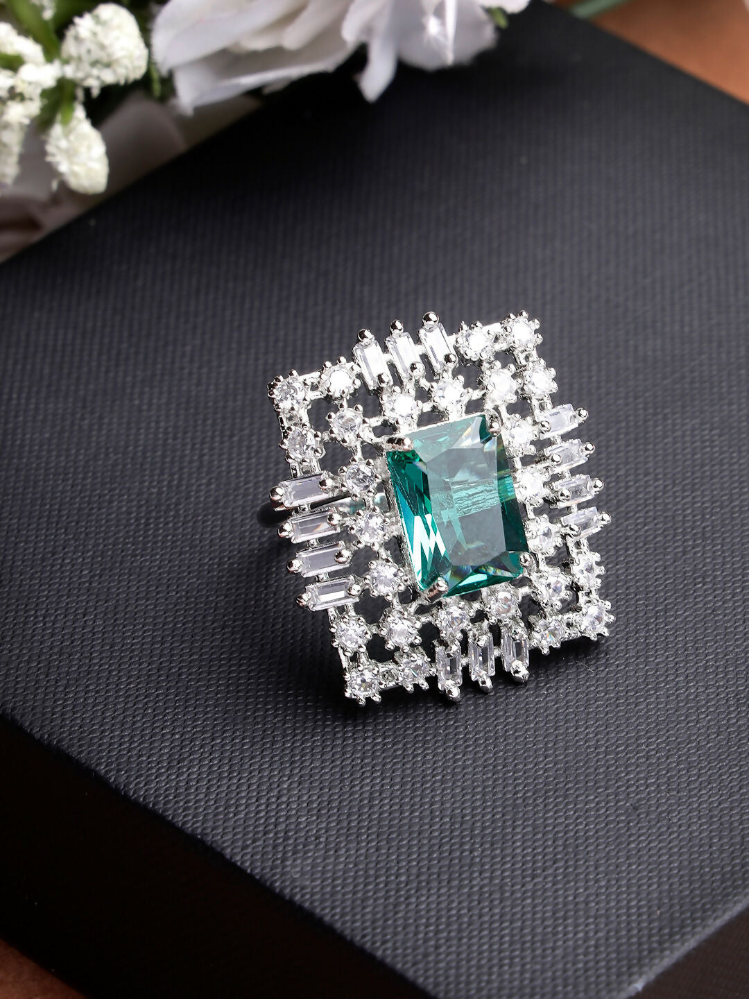 NVR Women's Green & Silver CZ-Studded Square-Shaped Adjustable Finger Ring