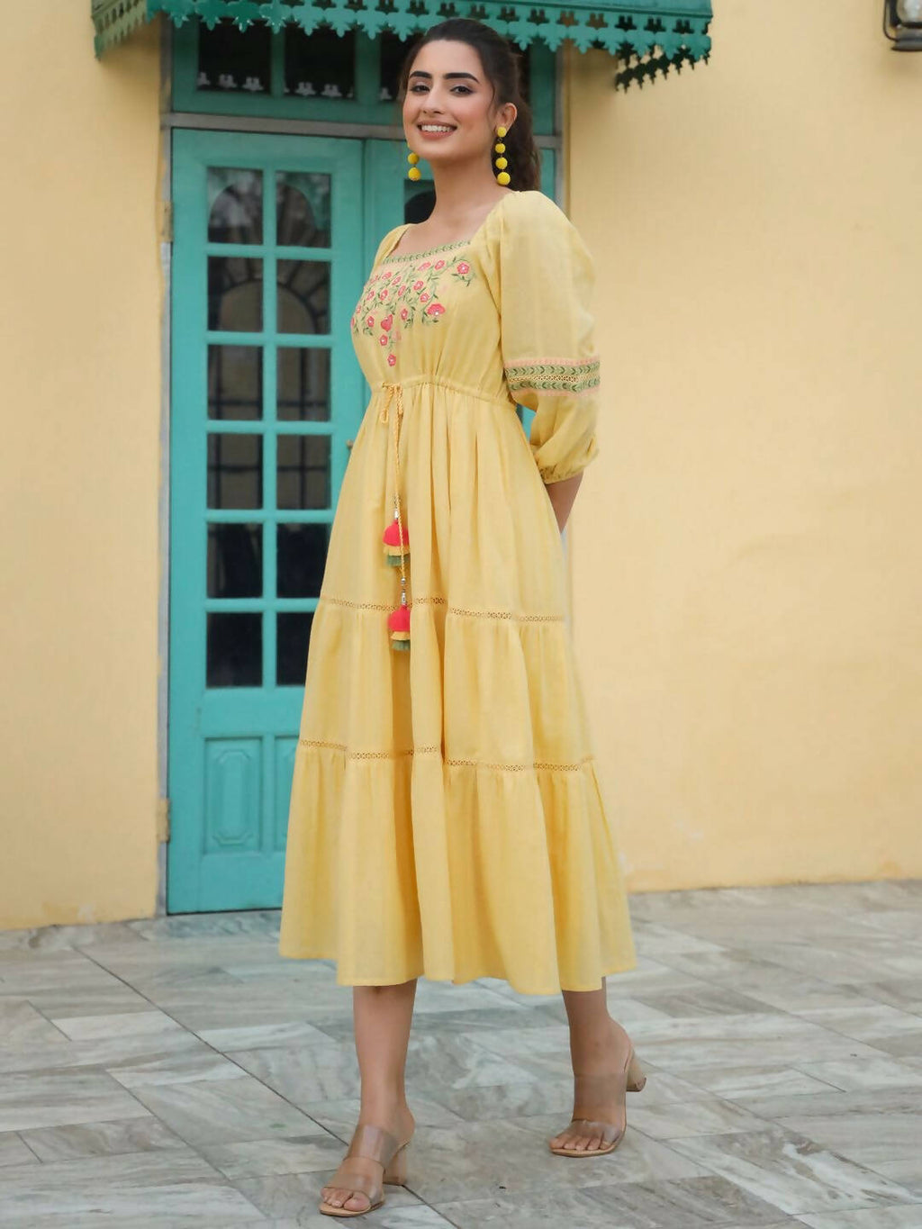 Juniper Women's Yellow Cotton Dobby Embroidered Flared Dress - Distacart
