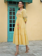 Juniper Women's Yellow Cotton Dobby Embroidered Flared Dress - Distacart