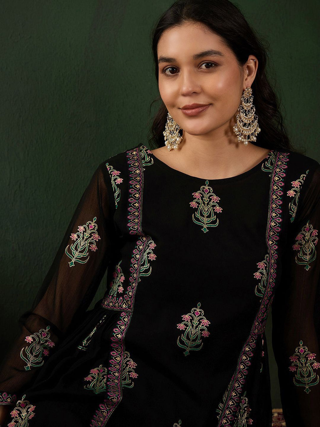 Sangria Floral Printed A-Line Kurta With Trouser