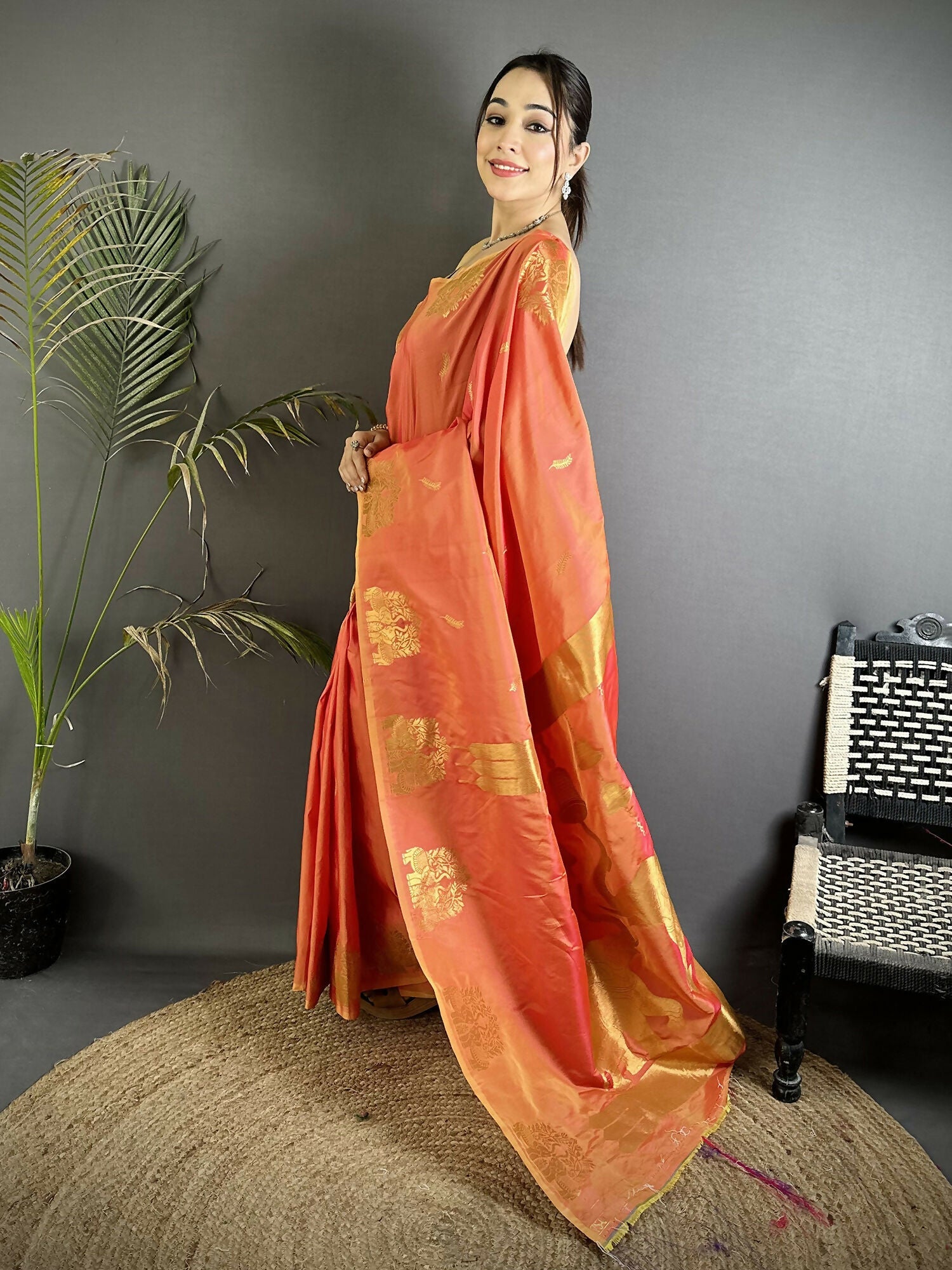 Joban Fashion Orange Motifs Zari Weaving Soft Silk Banarasi Saree