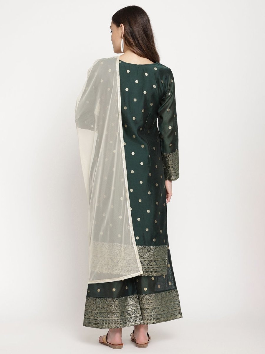 Ahalyaa Dark Green Gold Print Kurta Palazzo Set With Dupatta