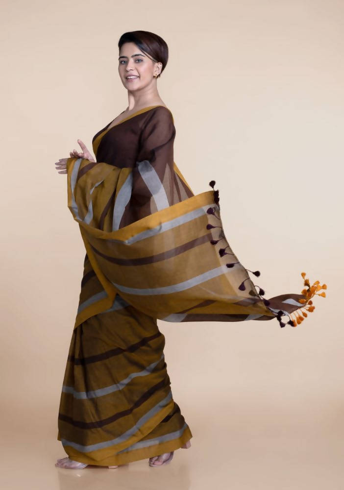 Suta Brown Yellow Colourblocked Mul Saree - Distacart
