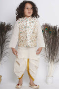 Little Bansi Banarsi Silk Pink Blue Floral Embroidery Jacket With Cotton Kantha kurta And Kantha Dhoti - Cream