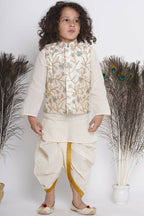 Little Bansi Banarsi Silk Pink Blue Floral Embroidery Jacket With Cotton Kantha kurta And Kantha Dhoti - Cream
