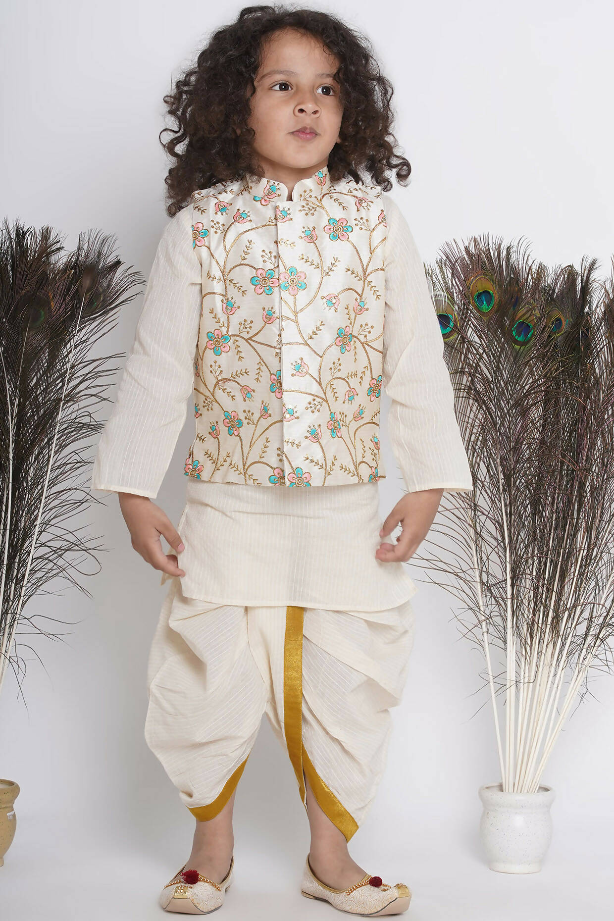 Little Bansi Banarsi Silk Pink Blue Floral Embroidery Jacket With Cotton Kantha kurta And Kantha Dhoti - Cream
