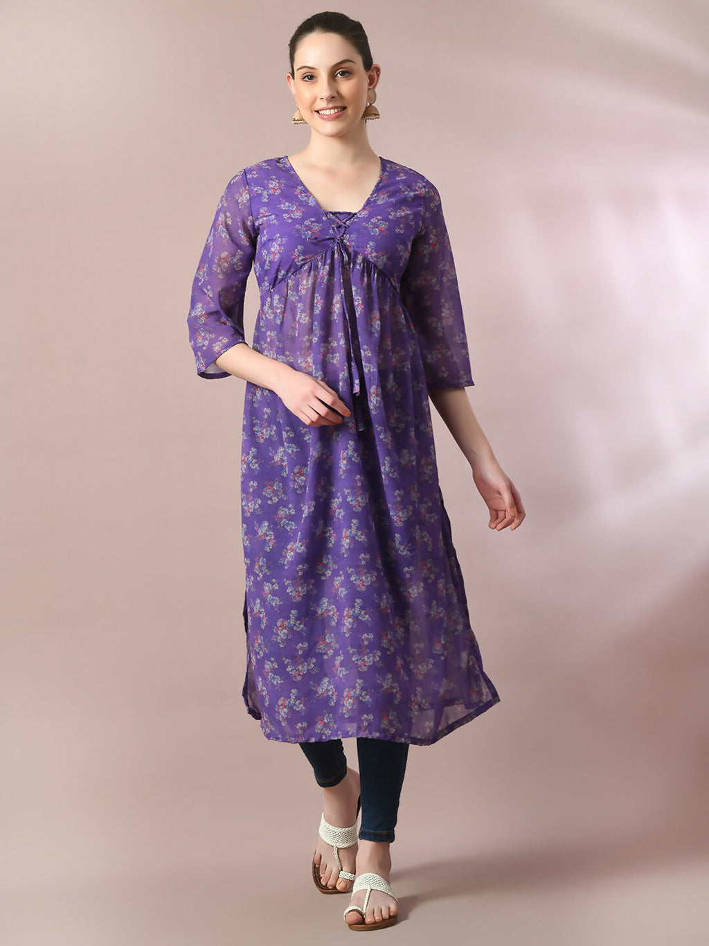 Myshka Women's Purple Printed Georgette A-Line Nyra-cut Kurta