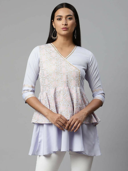 Ahalyaa Women Summer Blue Crepe Printed Tunic