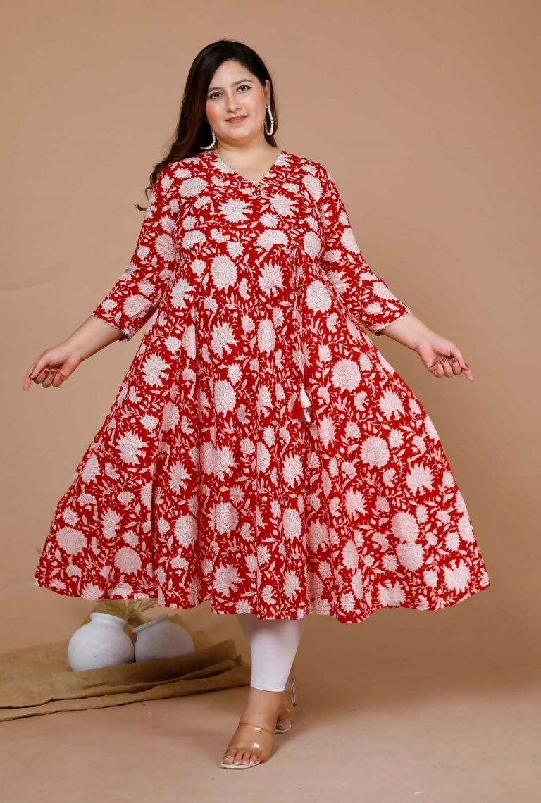 Miravan Women's Plus Size Pure Cotton Floral Printed Anarkali Kurta