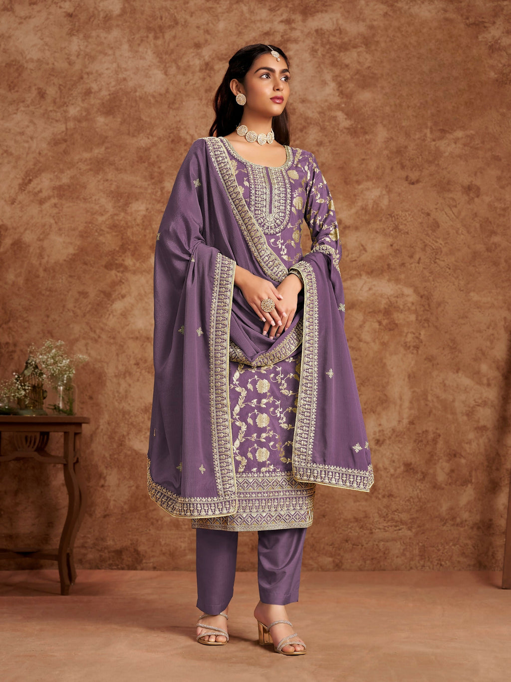 Anaita Purple Premium Dolla Jacquard Embroidered Stitched Salwar Suit - Distacart