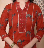 Miravan Womens Rust Animal Printed Three Quarter Sleeves Pure Cotton Kurta With Palazzo - Distacart