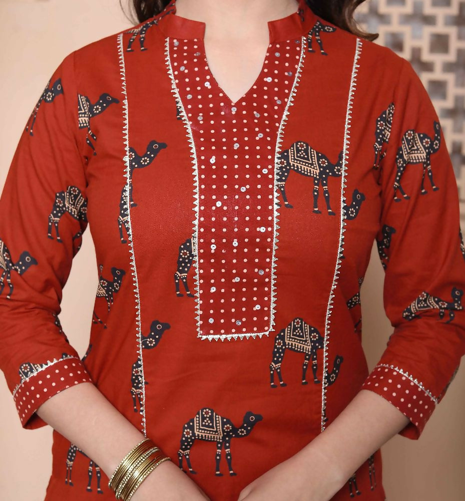 Miravan Womens Rust Animal Printed Three Quarter Sleeves Pure Cotton Kurta With Palazzo - Distacart