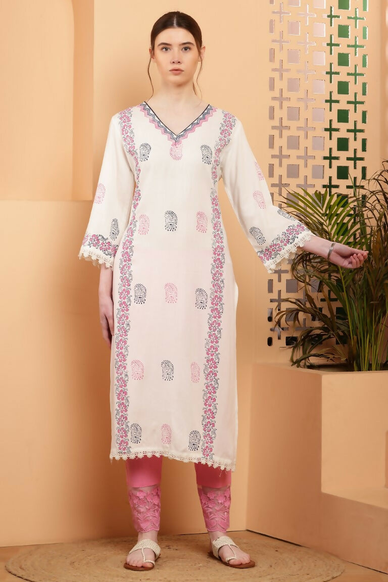Cheera Women Stylish Hand Block Printed Cotton Blend Flared Kurta - Off White