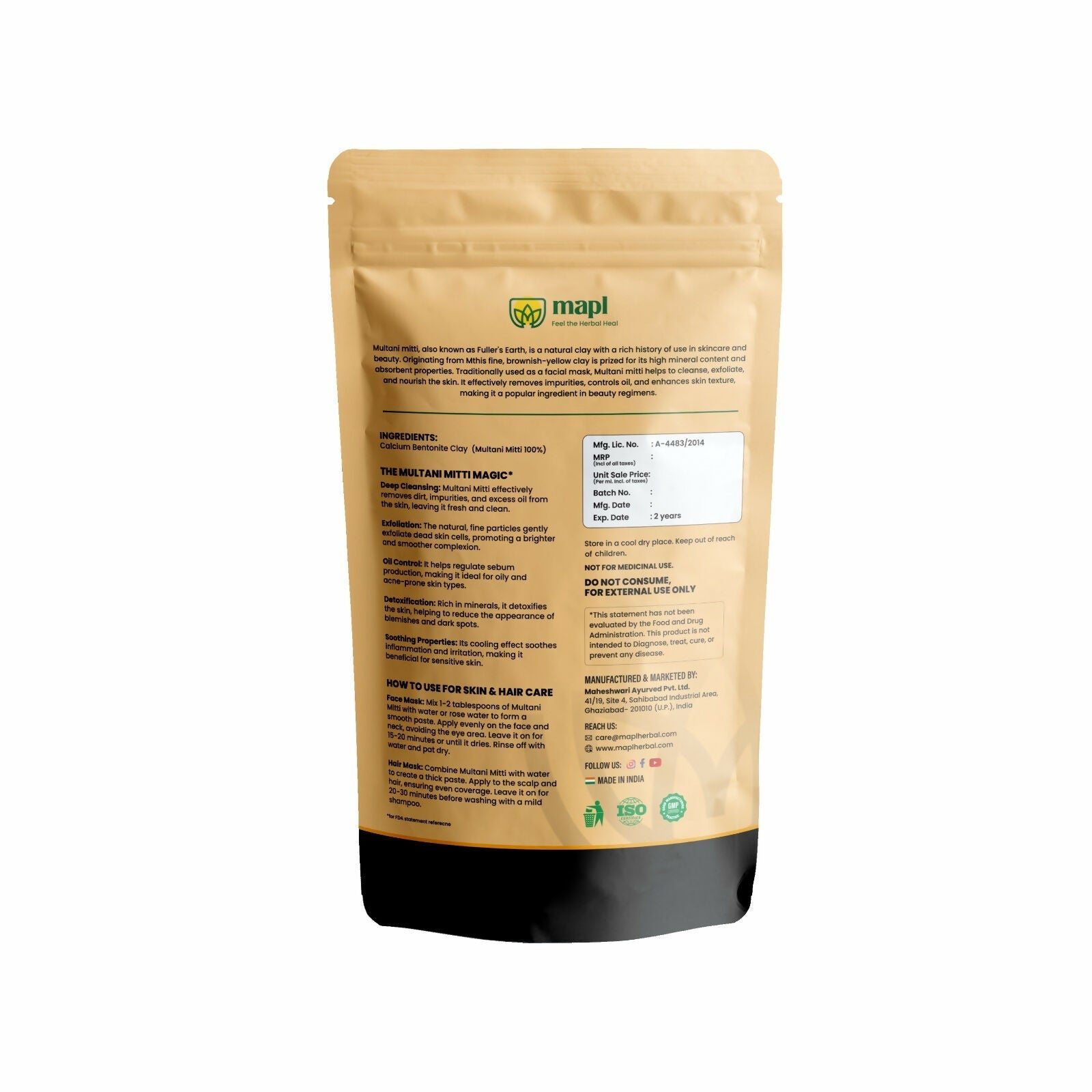 MAPL Multani Mitti Natural Fullers Earth Powder - Distacart