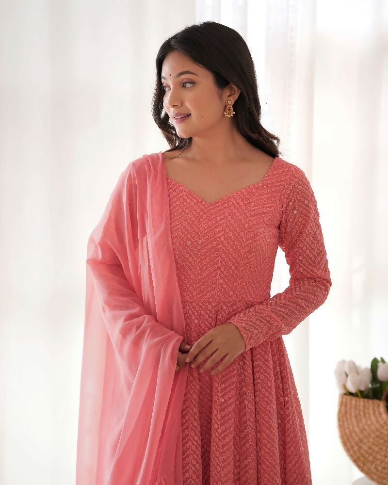 Joban Fashion Peach Kurta Set Georgette Sequence Embroidery Work - Distacart