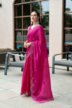 Vastranavya Pink Embroidery Work Shimmer Chiffon Saree with Unstitched Blouse - Distacart