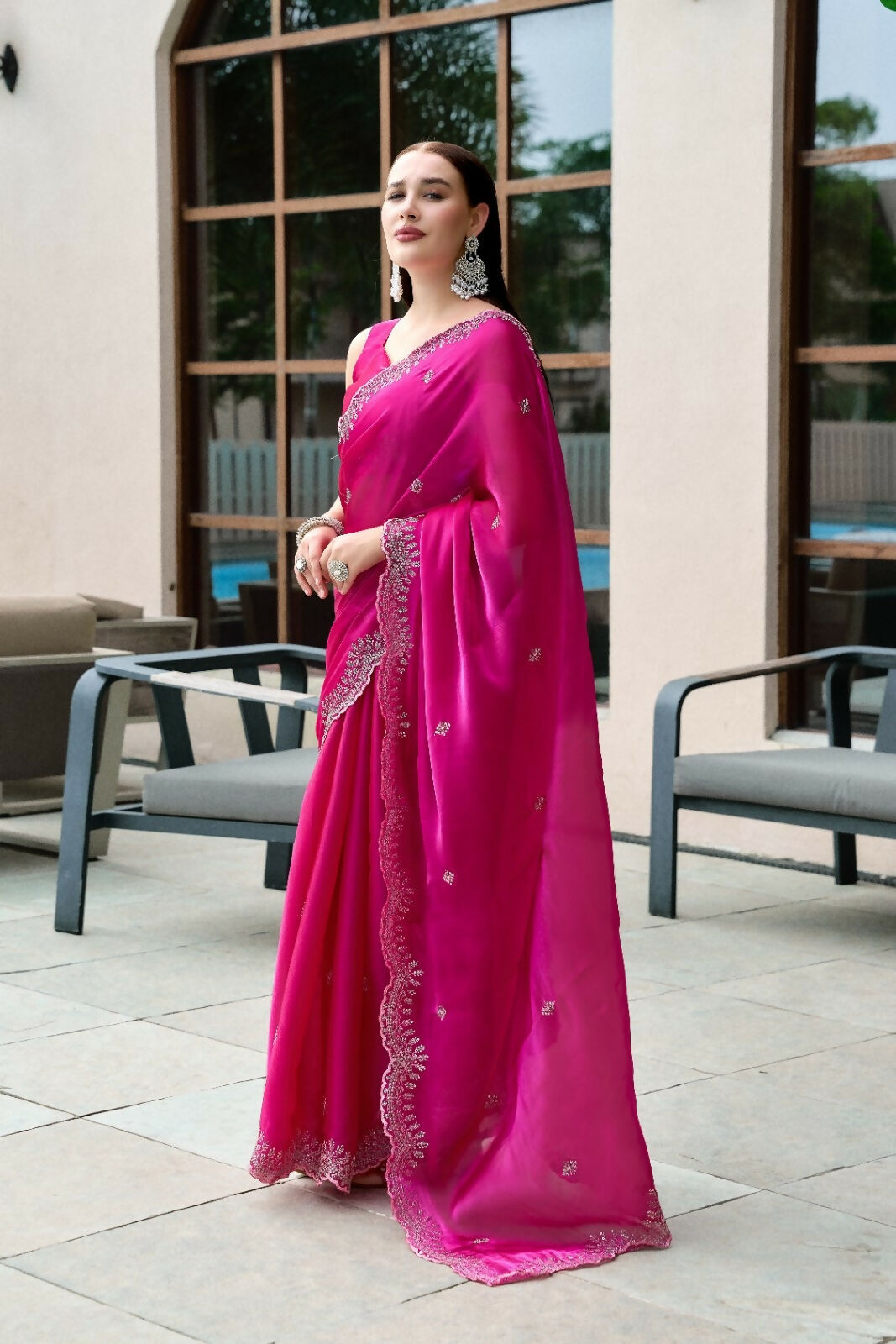 Vastranavya Pink Embroidery Work Shimmer Chiffon Saree with Unstitched Blouse - Distacart