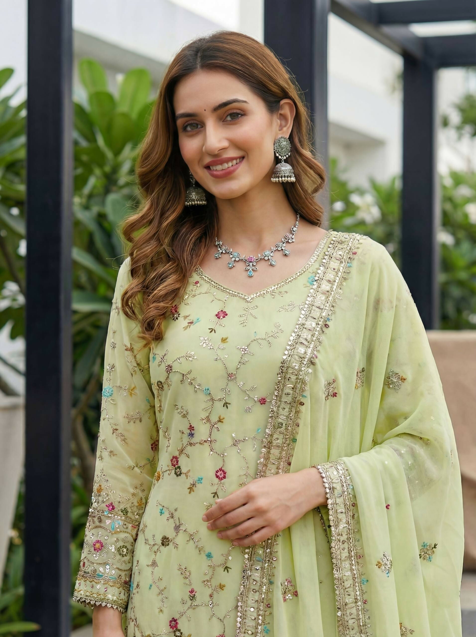 Teeya Creation Pista Faux Georgette Multi Thread Work Wedding Wear Sharara Set - Distacart