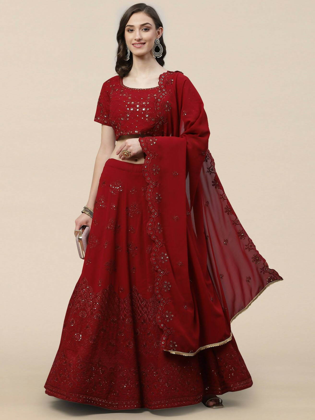 Maroon Georgette Thread with Sequins Embroidered work Lehenga Choli with Dupatta - Jivika