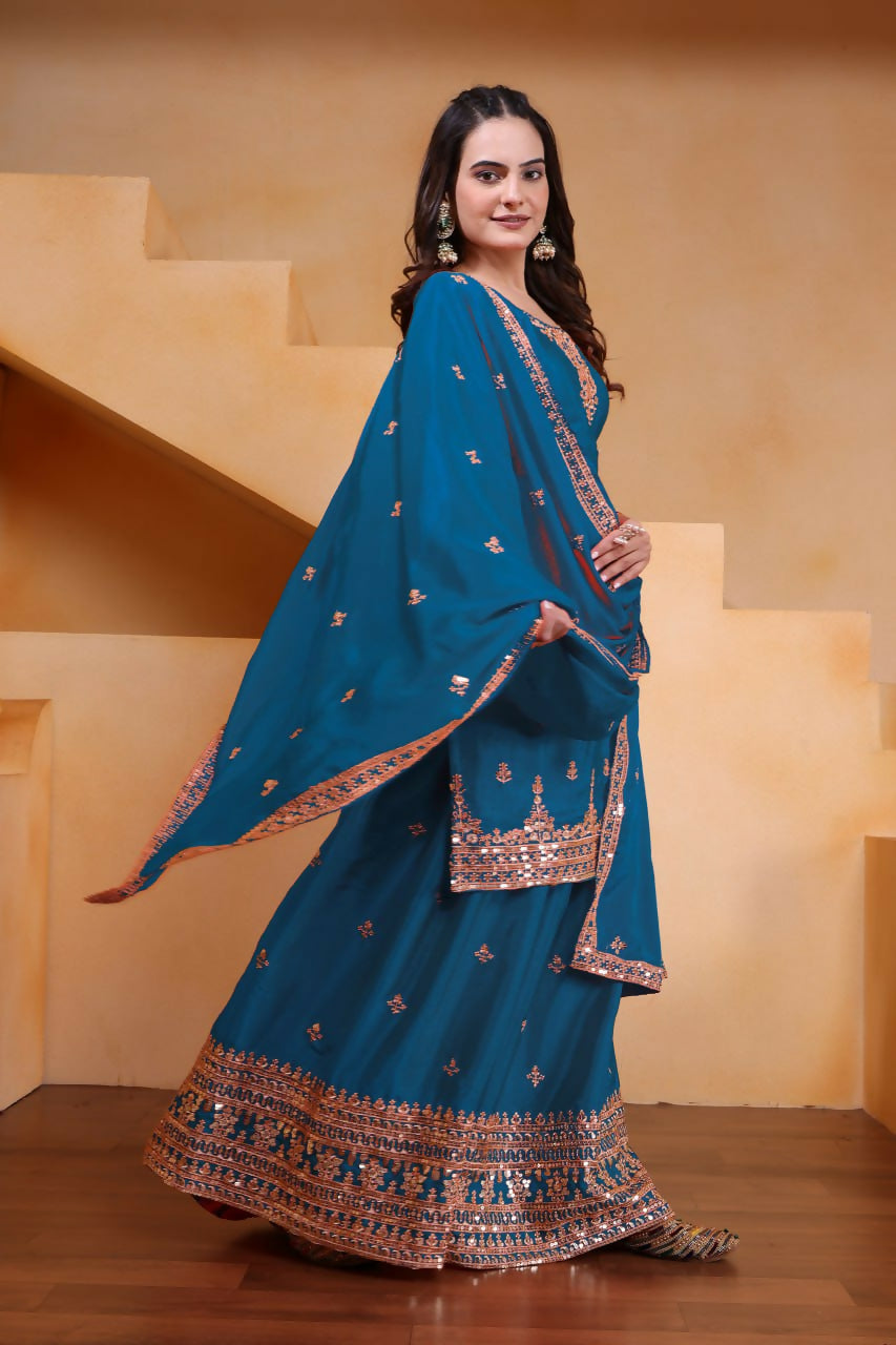 Joban Fashion Teal Silk Embroidered Sharara Set - Distacart