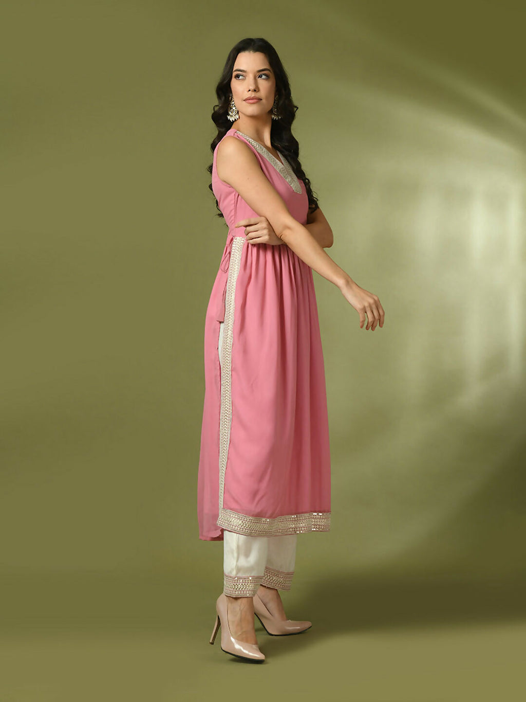 Myshka Women's Pink Solid Georgette Anarkali Party Kurta Set