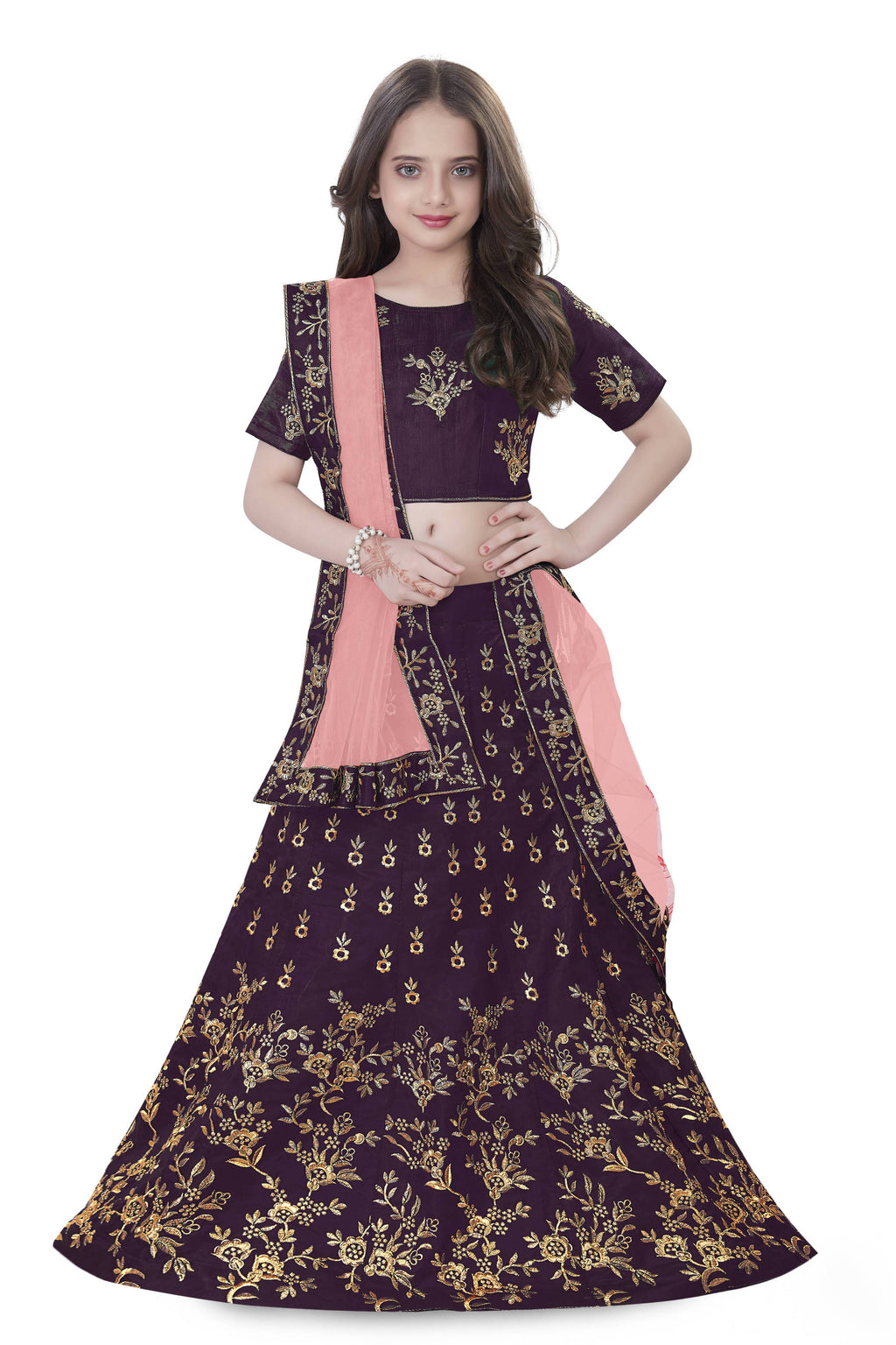 Dwiden Purple Baby Doll Tafetta Sattin Semi-Stitched Girl's Lehenga Choli