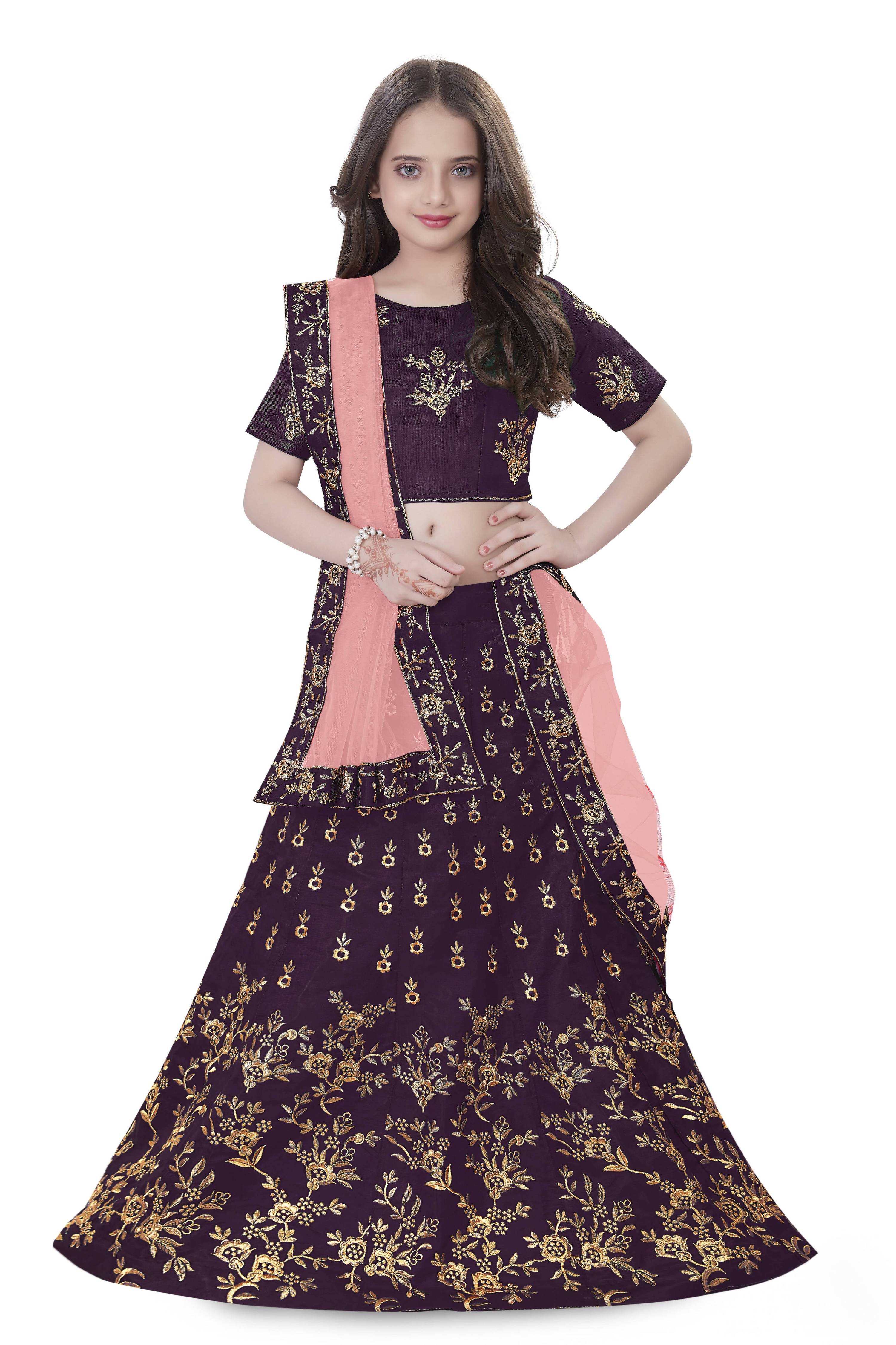 Dwiden Purple Baby Doll Tafetta Sattin Semi-Stitched Girl's Lehenga Choli