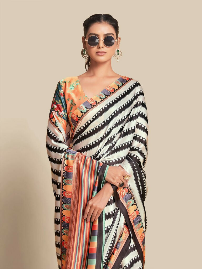 Partywear Designer Black & White Bright Moss Fancy Saree - Durga