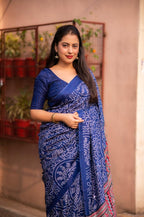Blue Silk Blend Ajrak Saree with Unstitched Blouse - Hiral Fashion