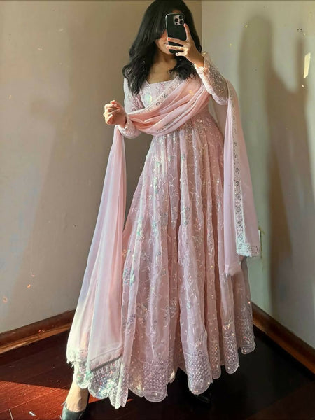 Teeya Creation Light Peach Color Faux Georgette Long Party Wear Gown